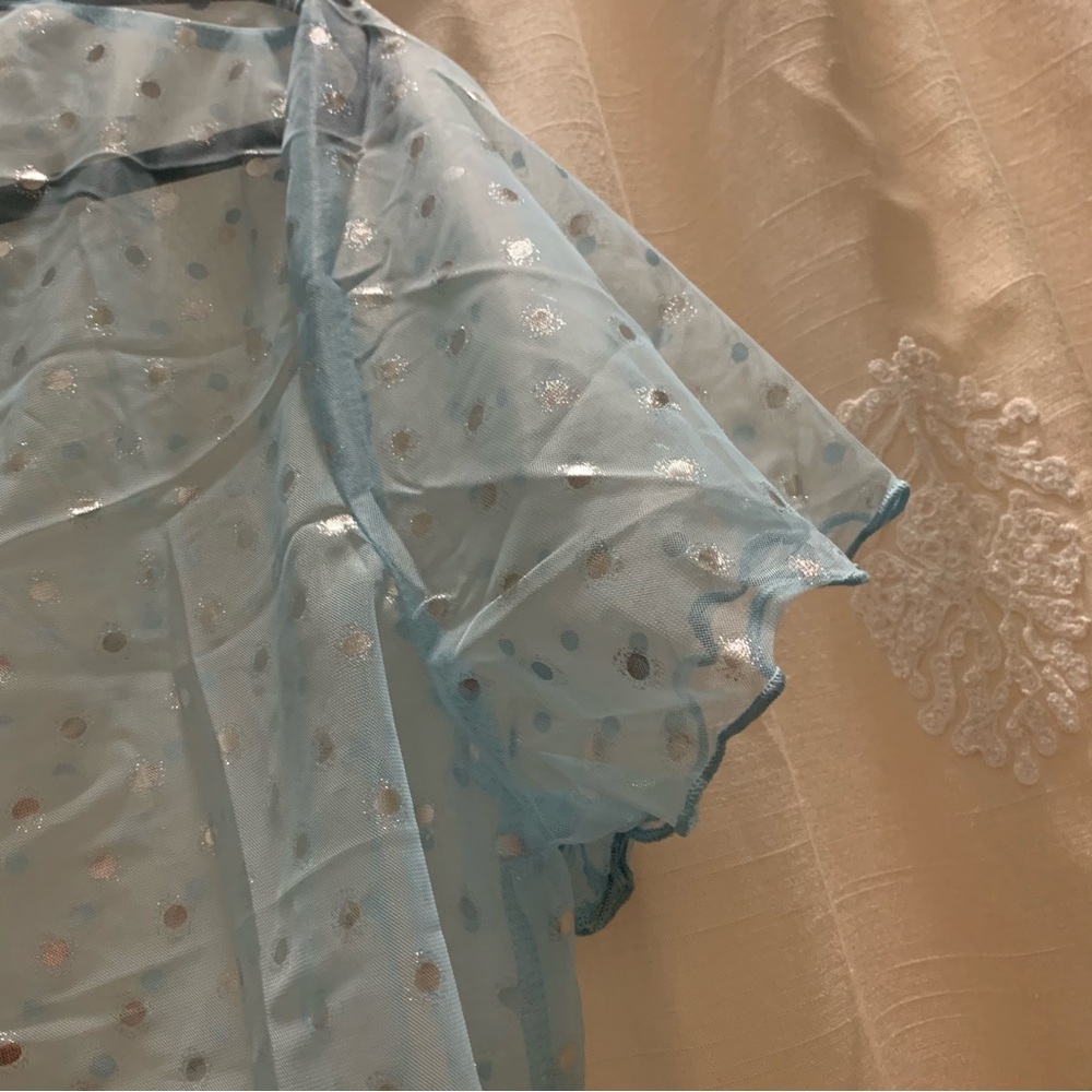 Baby Blue Mesh Crop Top with Silver Metallic Polkadots and Lettuce Trim Hem NWOT - Picture 7 of 12